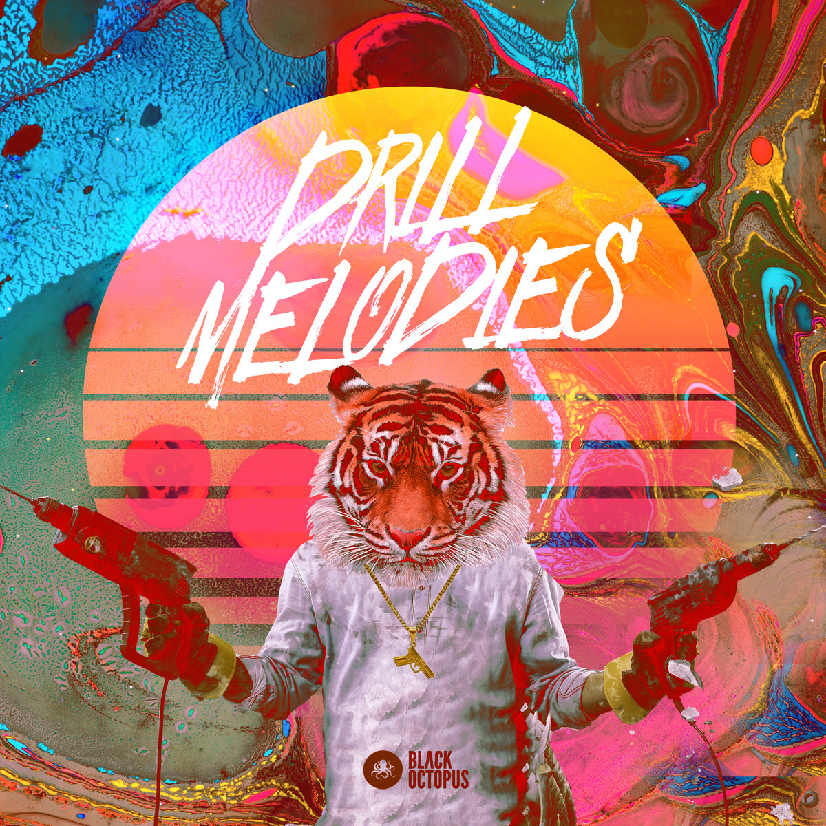 A bright colourful background with the words 'Drill Melodies' over the top. At the forefront of the image is a man holding a drill in each hand with the head of a tiger.