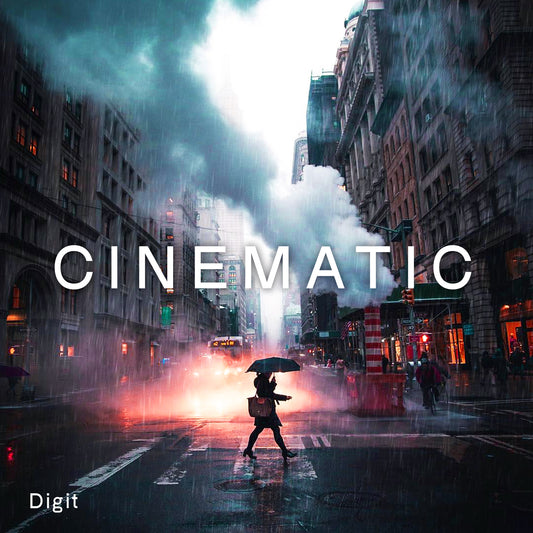 A woman crossing the road in a busy city. It is raining and the woman is carrying an umbrella. At the forefront of the image is text that says 'Cinematic'.