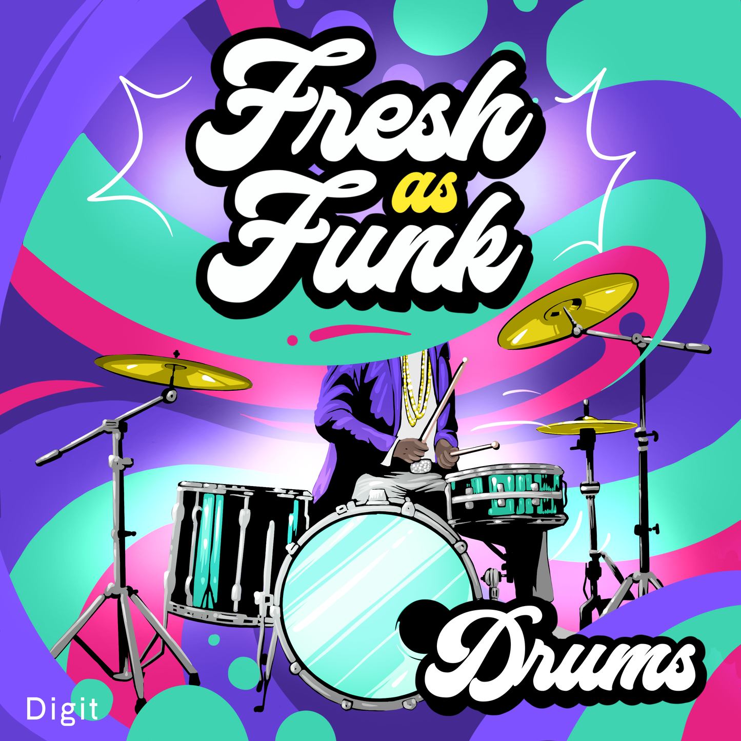 A cartoon of a man in a purple jacket playing drums with a colourful 70s inspired background.