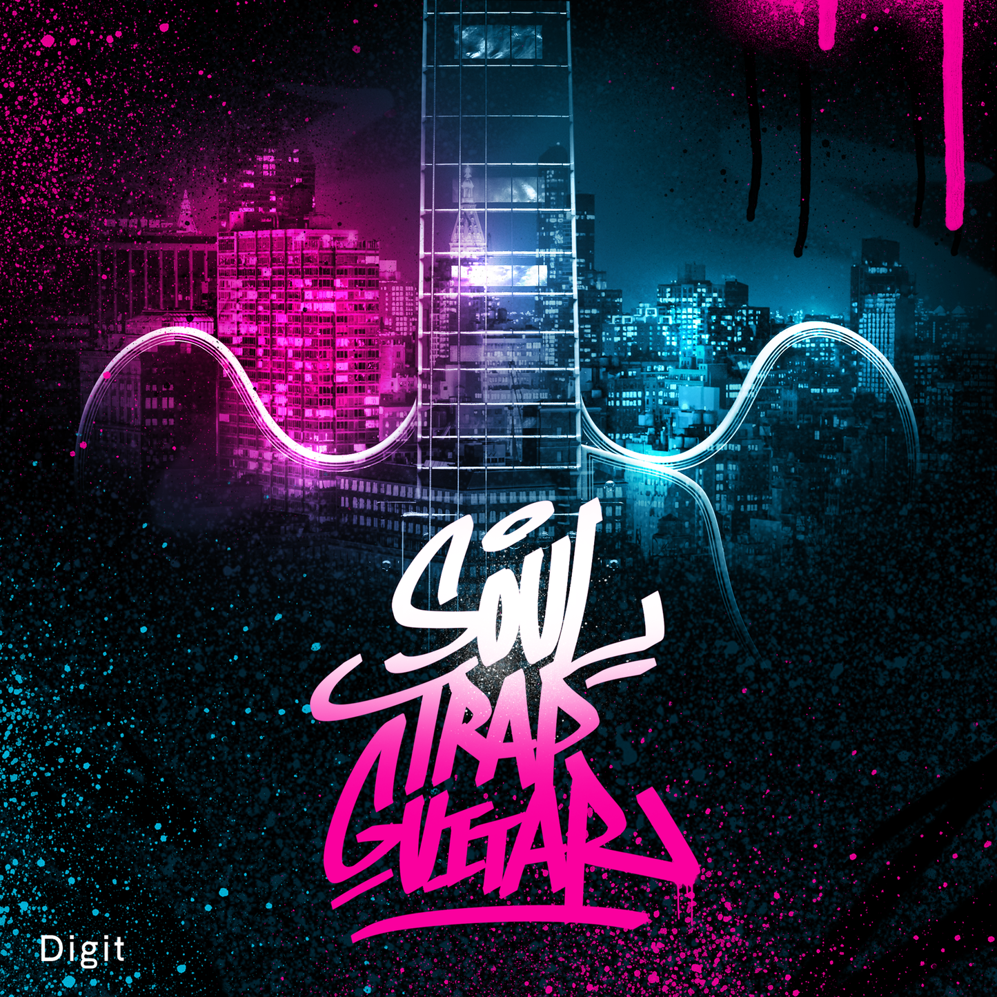 In the background there is a photograph of a city covered in neon pink and blue paint, in the foreground is the outline of an electric guitar.