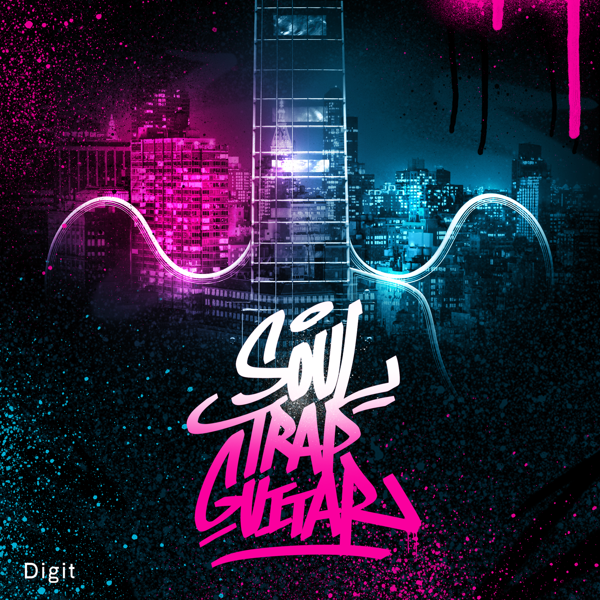 In the background there is a photograph of a city covered in neon pink and blue paint, in the foreground is the outline of an electric guitar.