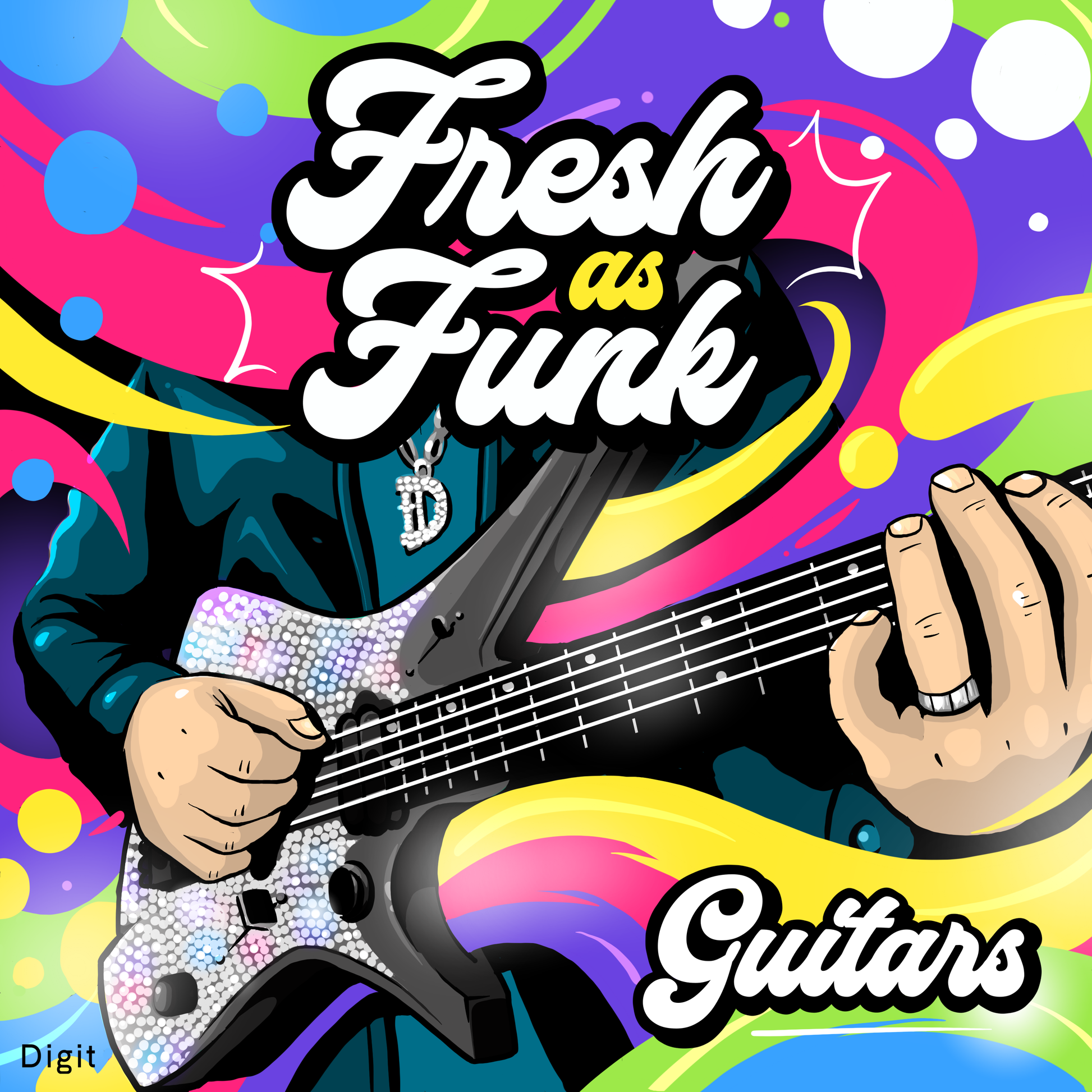 A cartoon of a man playing a jewel encrusted bass guitar in front of a colourful 70s inspired background.